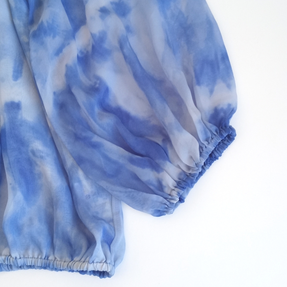 Kenar Women's Sky Blue White Tie Dye 3/4 Balloon Sleeve Semi Sheer Blouse M - Picture 4 of 9
